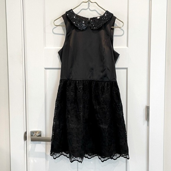 Kensie Sleeveless Black Satin Party Dress Sequin Lace Collar - Picture 2 of 11
